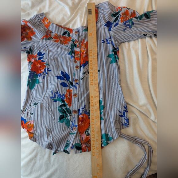 Maeve Anthropologie Lilorne Floral Stripes Tie Button Down 100% Rayon Blouse US0 - Picture 8 of 9